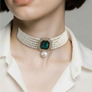 Elegant Pearl and Green Gem Choker Necklace